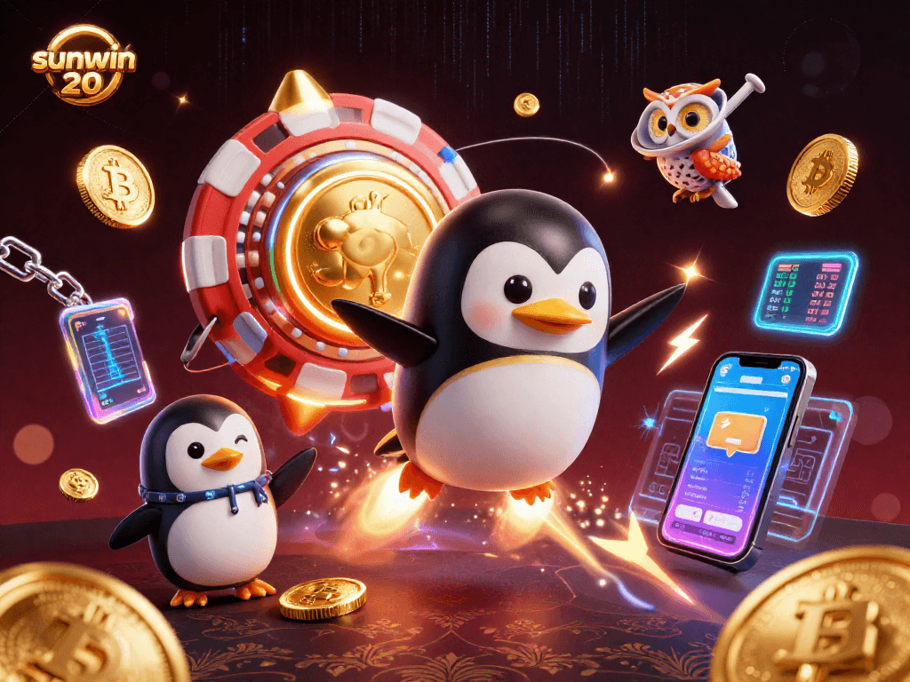 Catch the excitement of sunwin 20 with a golden penguin rocket racing toward a casino chip in a cosmic scene.