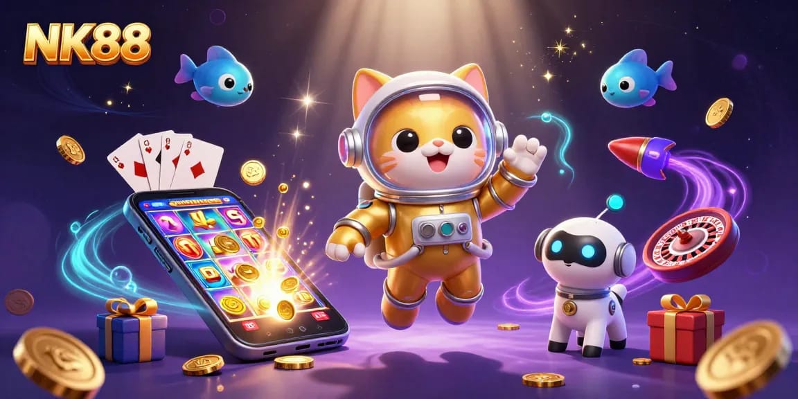 Experience thrilling games at NK88 with a captivating 3D scene of space adventure, featuring an astronaut cat and exciting casino elements.