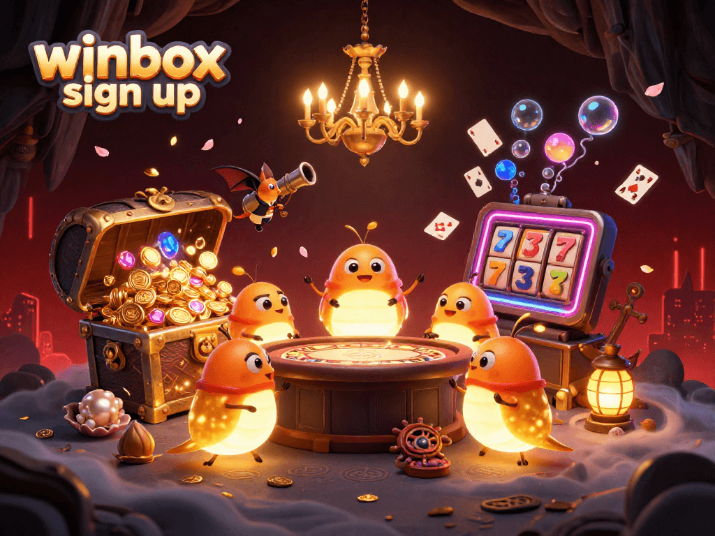 Winbox sign up and light up your gaming experience in this vibrant cave casino illustration.