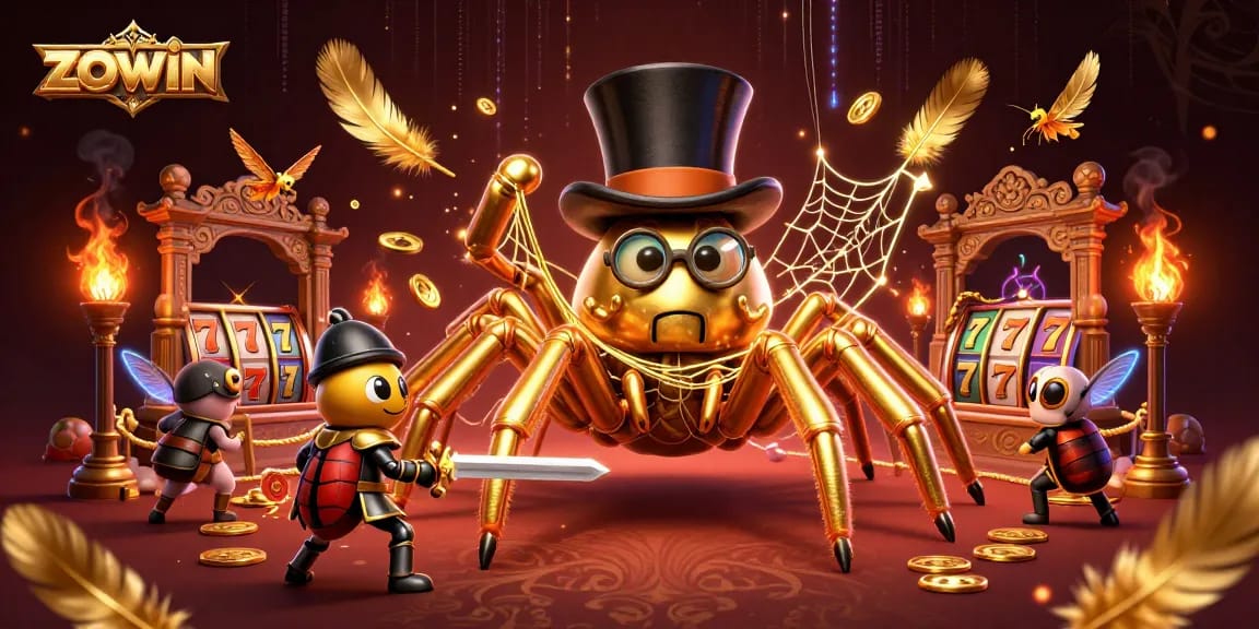 Zowin offers an exciting casino experience with a vibrant 3D scene featuring a golden tarantula and a knight.