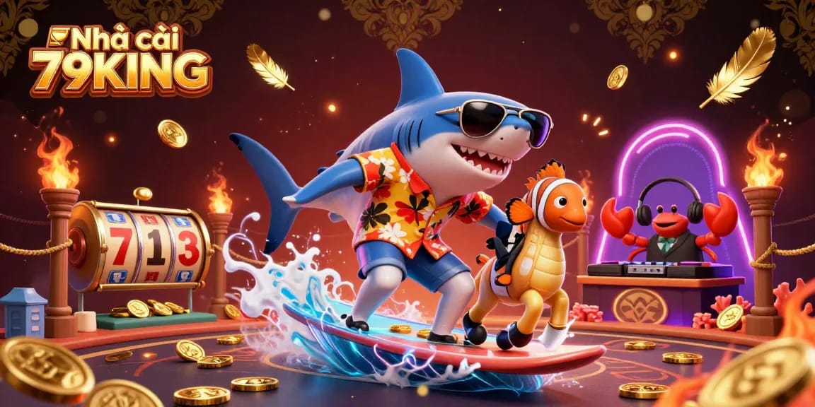 Engage with Nhà cái 79KING as a cartoon shark and friends celebrate gambling excitement amidst golden coins and vibrant elements.