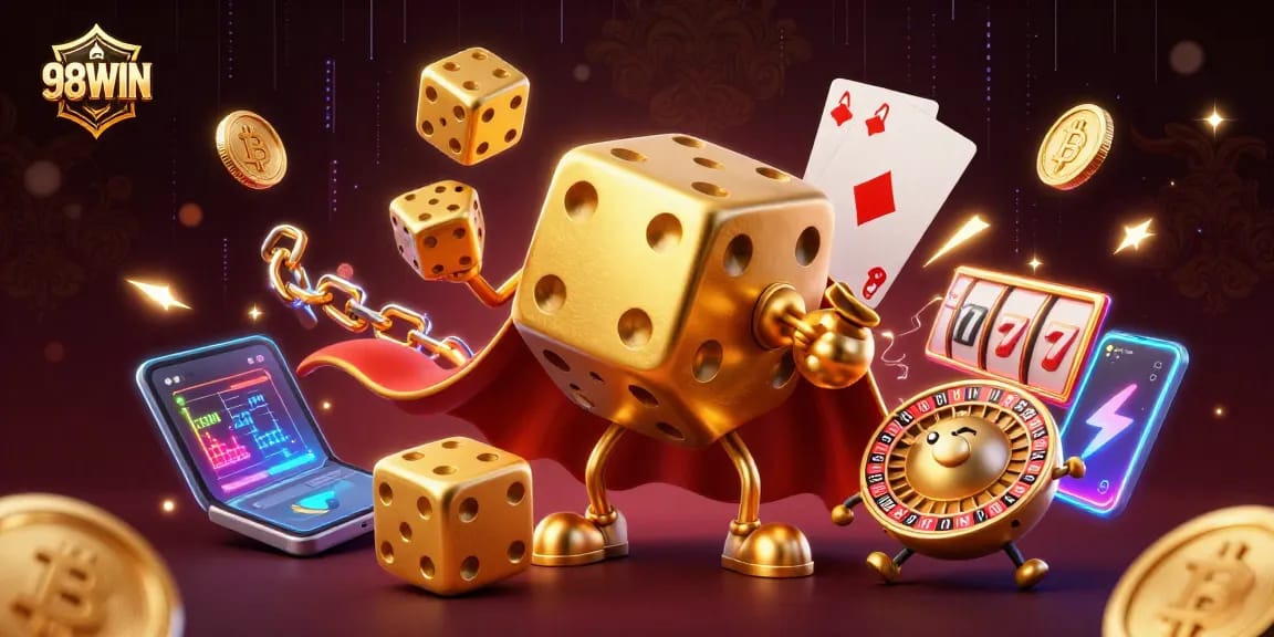 Engage with 98WIN's vibrant 3D casino illustration depicting dynamic characters and gaming elements.