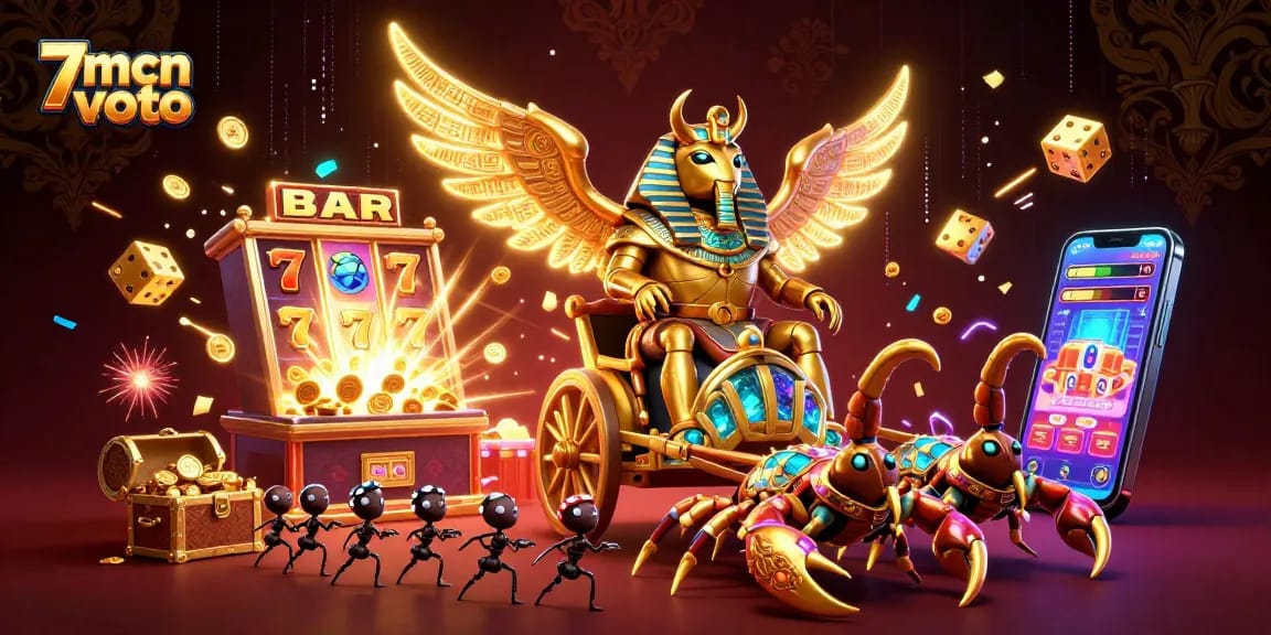 Engage with exciting slots and jackpots on 7mcn voto, featuring vibrant 3D illustrations of casino elements.