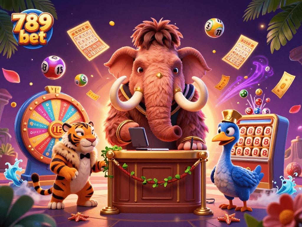 Engage with the vibrant 789 bet casino atmosphere featuring a woolly mammoth checking IDs at the entrance.