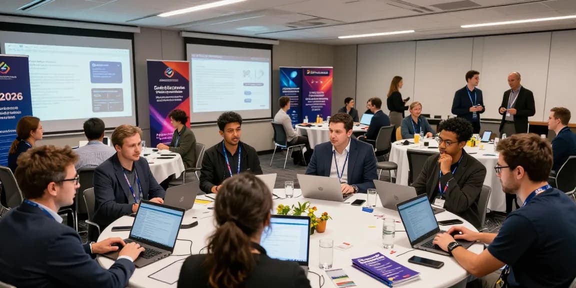 A dynamic tech conference scene for blockchain 2026, featuring diverse professionals discussing decentralized solutions and innovations in a modern hall filled with visual displays.