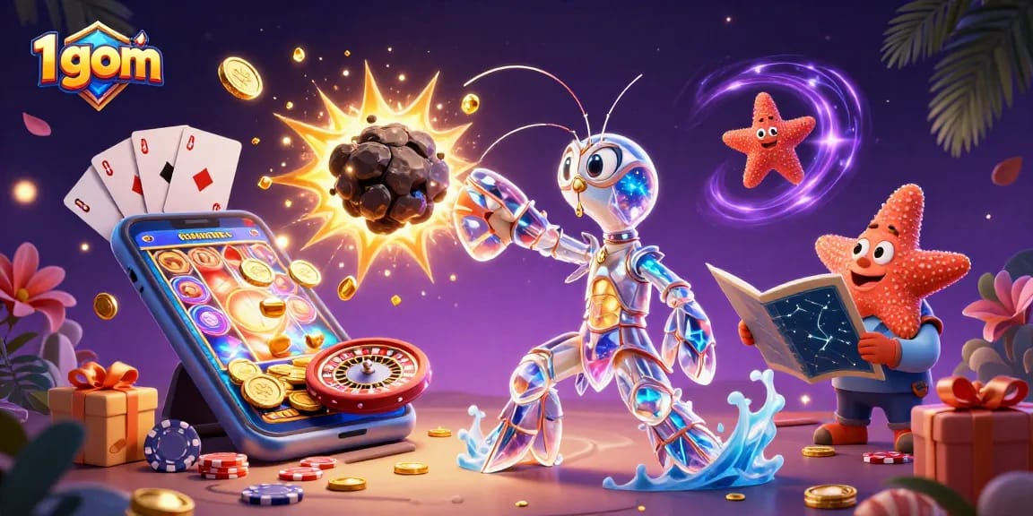 Engage in 1 gom with vibrant 3D casino scene featuring cartoon characters amidst golden coins and slot games.