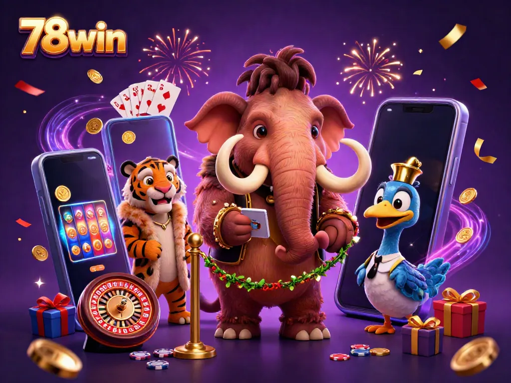 Experience thrilling gaming at 78win with iconic characters celebrating excitement and jackpots