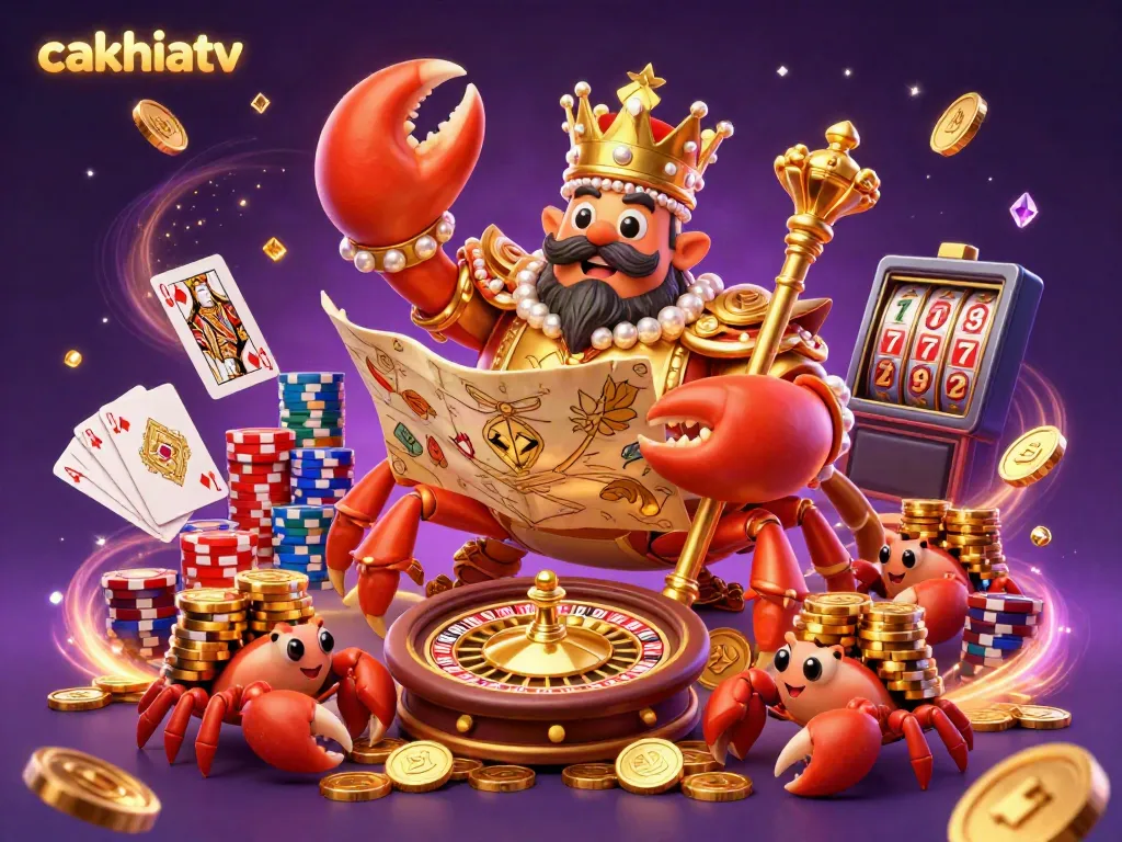 Experience exciting gameplay with cakhiatv, showcasing the golden crab emperor amidst cascading coins and vibrant cards.