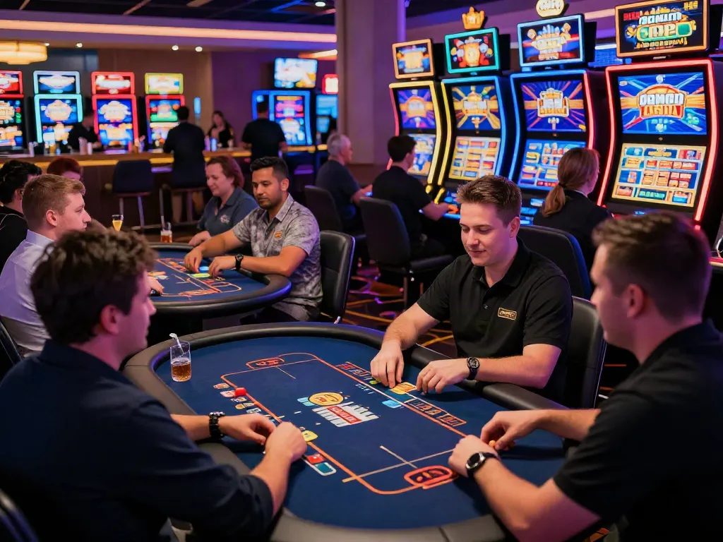 Players enjoying games not on gamstop in a lively casino atmosphere.
