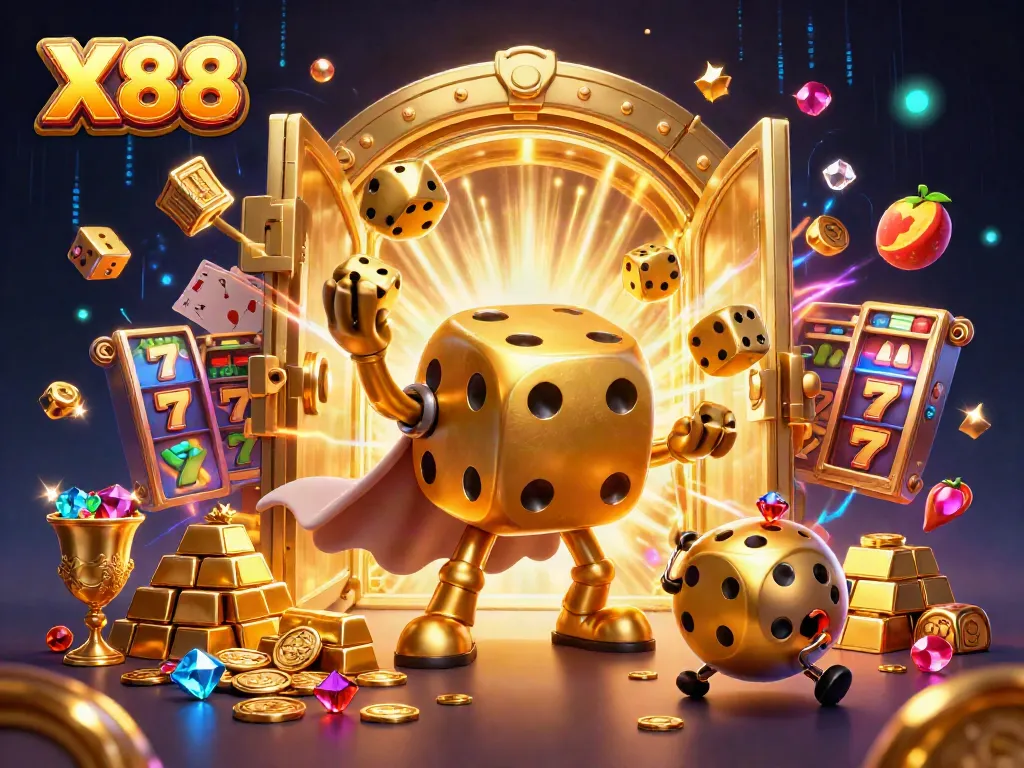 X88 immersive casino scene showcasing animated dice golem and dynamic gaming elements.