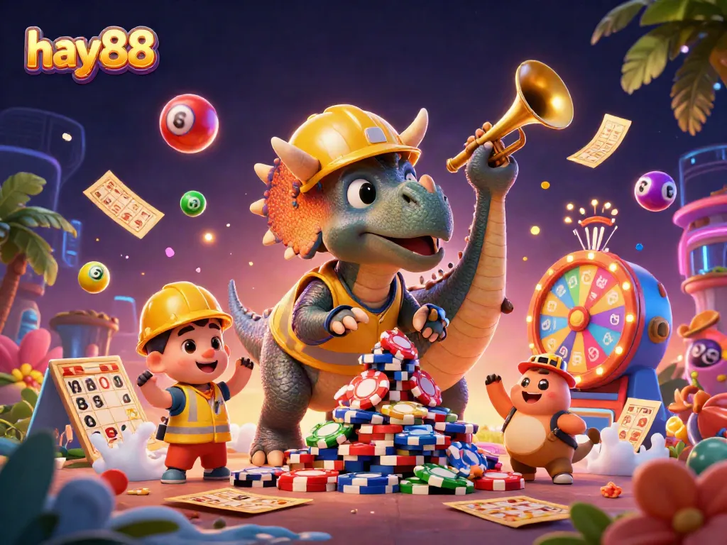 Engage with exciting hay88 gaming action featuring cartoon dinosaurs and vibrant casino elements.