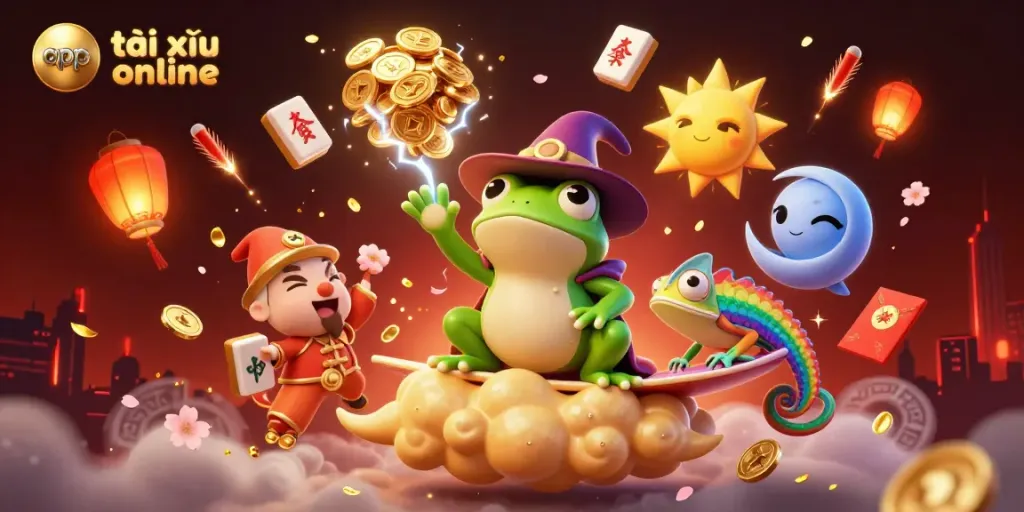 Experience the excitement of app tài xỉu online with a magical digital illustration depicting fun characters, coins, and festive elements