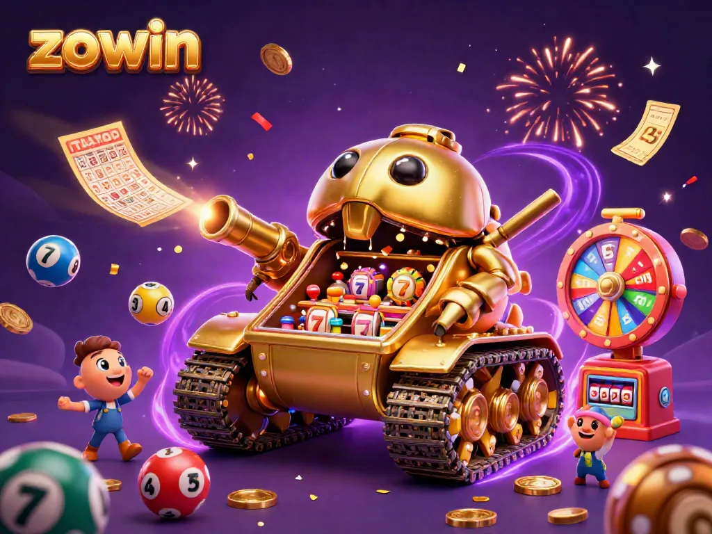 Zowin casino illustration with a golden beetle tank, slot reels, and colorful lottery elements.