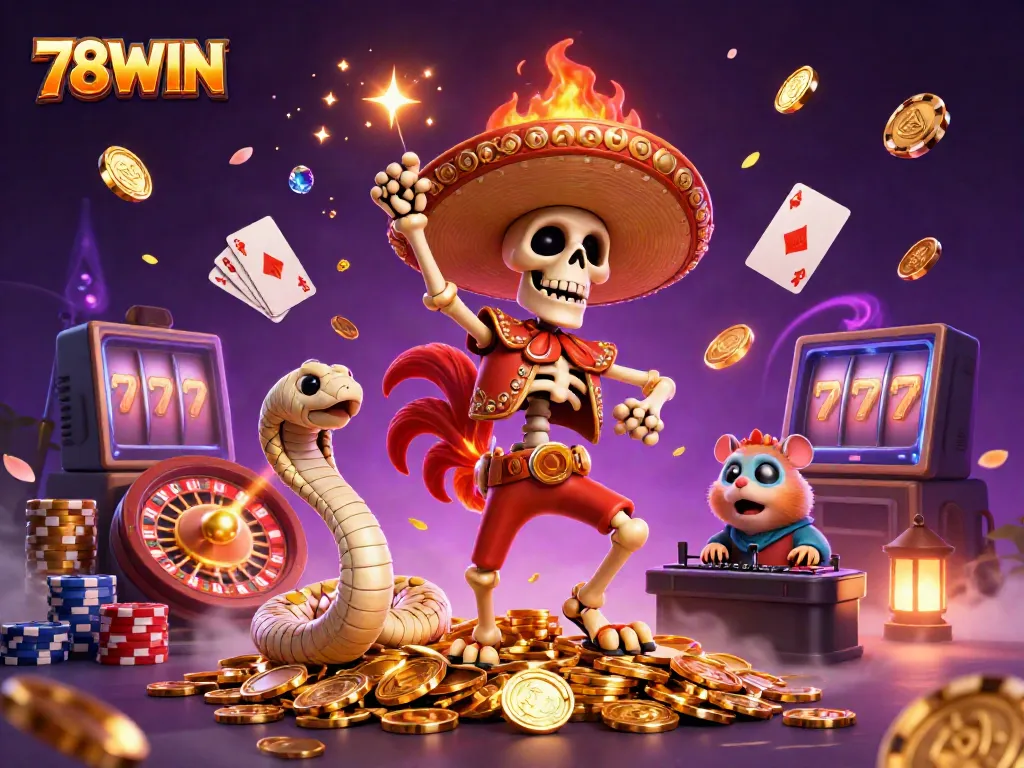 Experience the excitement of 78WIN with a vibrant 3D casino illustration showcasing characters celebrating on golden coins.