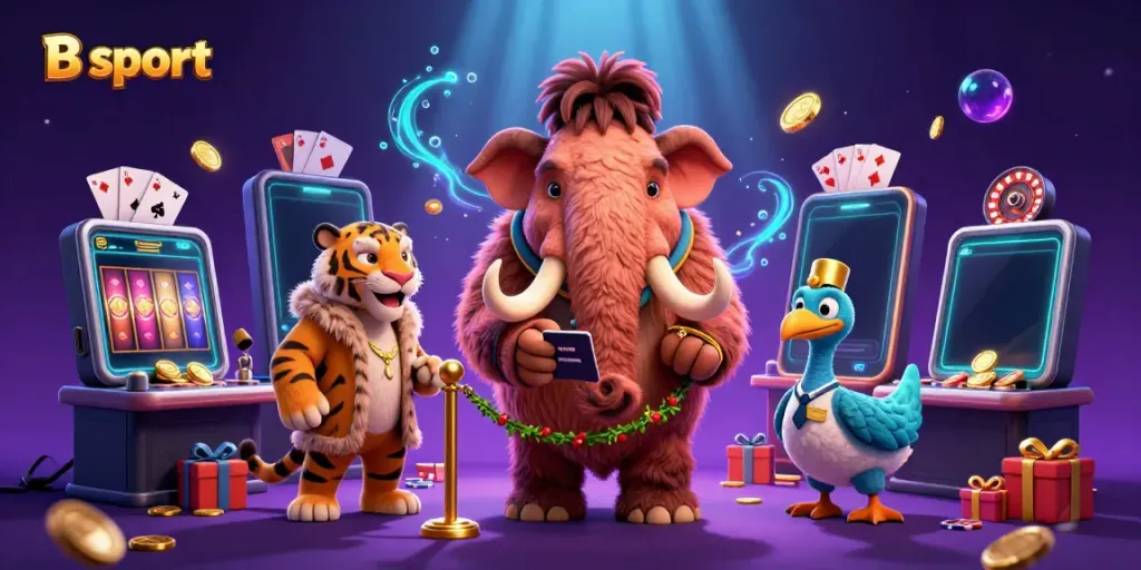 B sport showcases thrilling casino fun with a cartoon mammoth bouncer and VIP guests in an exciting gaming scene.