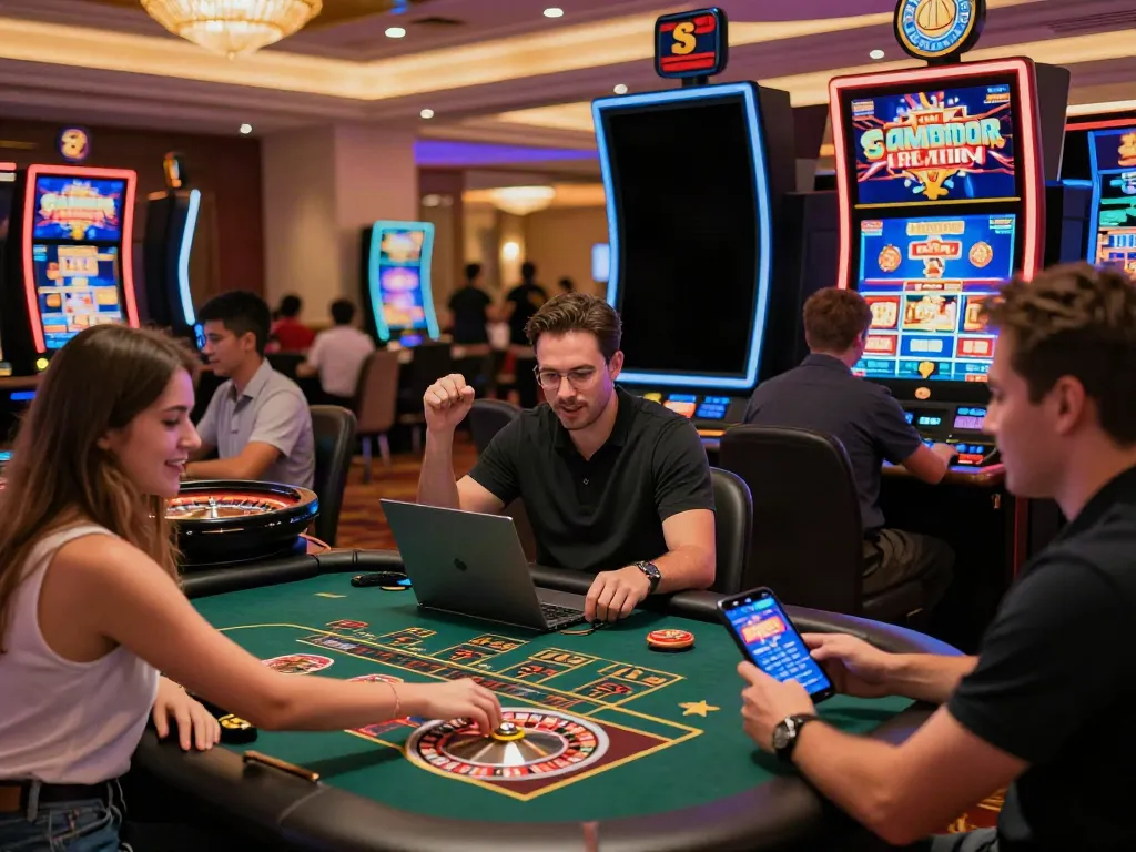 Players enjoying various games not on GamStop in a vibrant online casino atmosphere.
