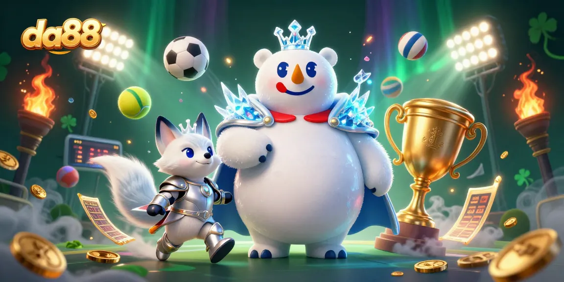 Experience the excitement of da88 with a lively casino-themed scene featuring sports elements and cartoon characters.