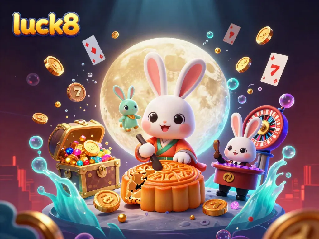 Experience luck8 with vibrant gameplay as the moon rabbit reveals poker chips among treasures.