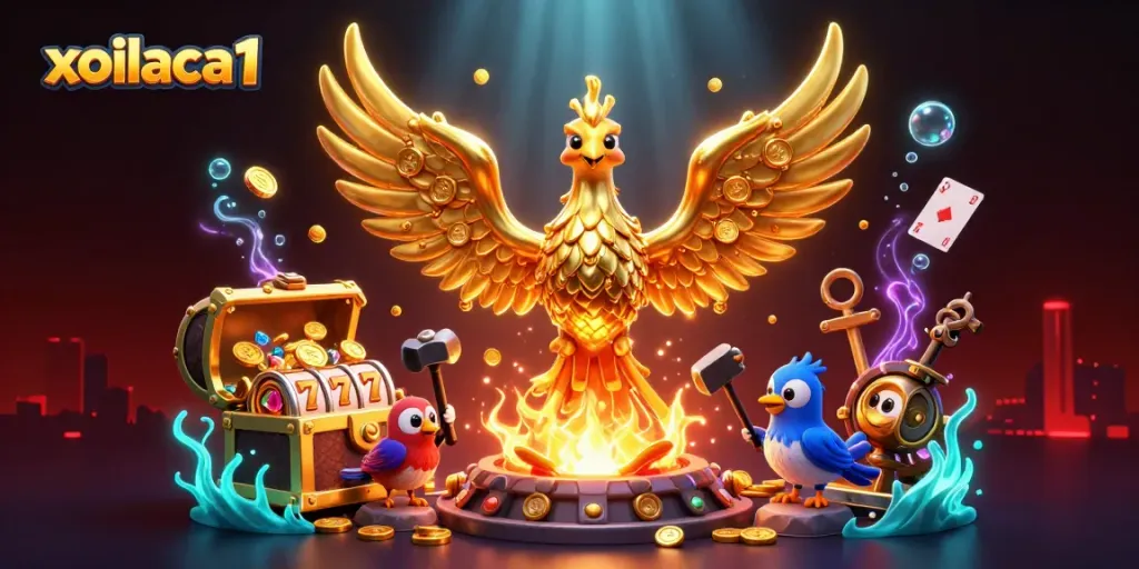 Experience the excitement of xoilaca1 with a dynamic golden phoenix surrounded by casino elements.