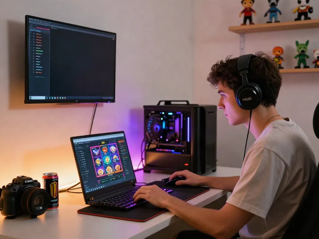 Engaged gamer exploring games not on gamstop in modern home office