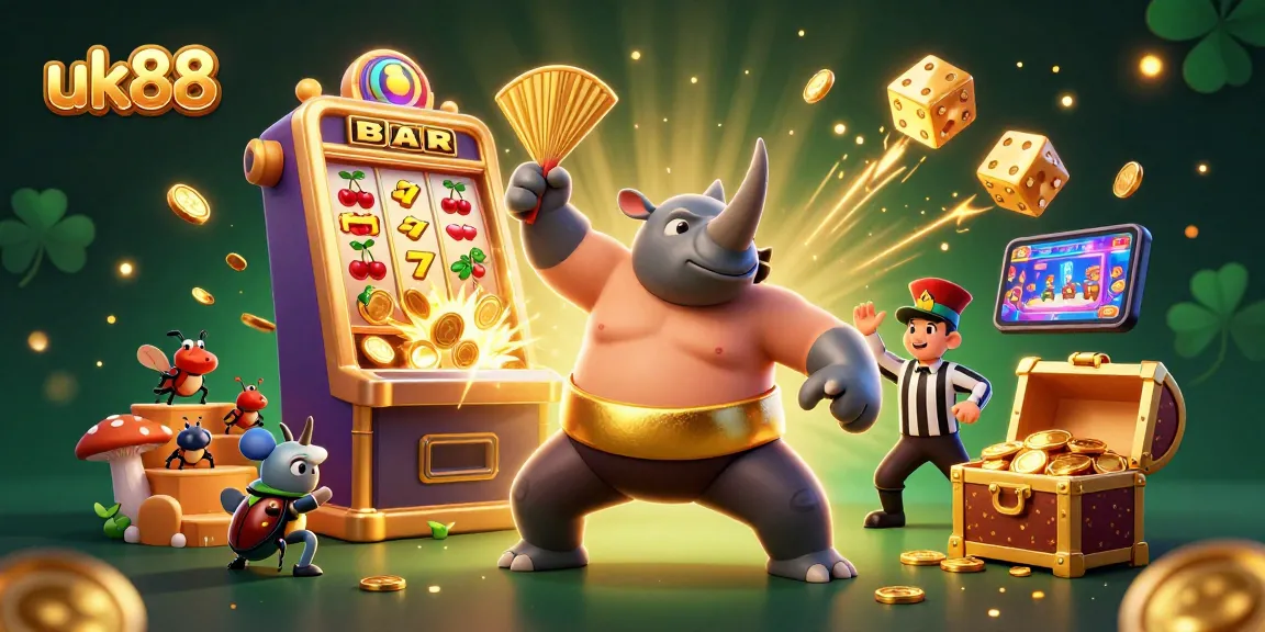Join the excitement at uk88 with a colorful 3D casino scene exploding with winning jackpots and vibrant game elements.