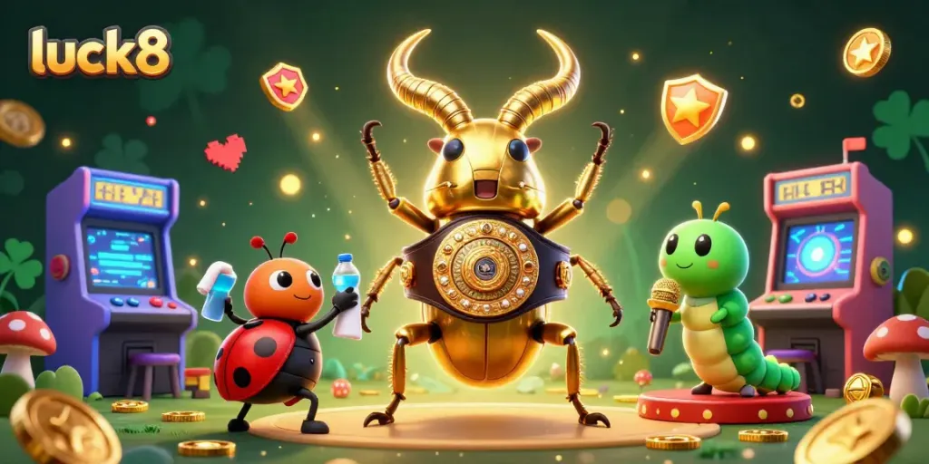 Join the fun at luck8 with a vibrant 3D gaming scene featuring dynamic characters and casino elements.