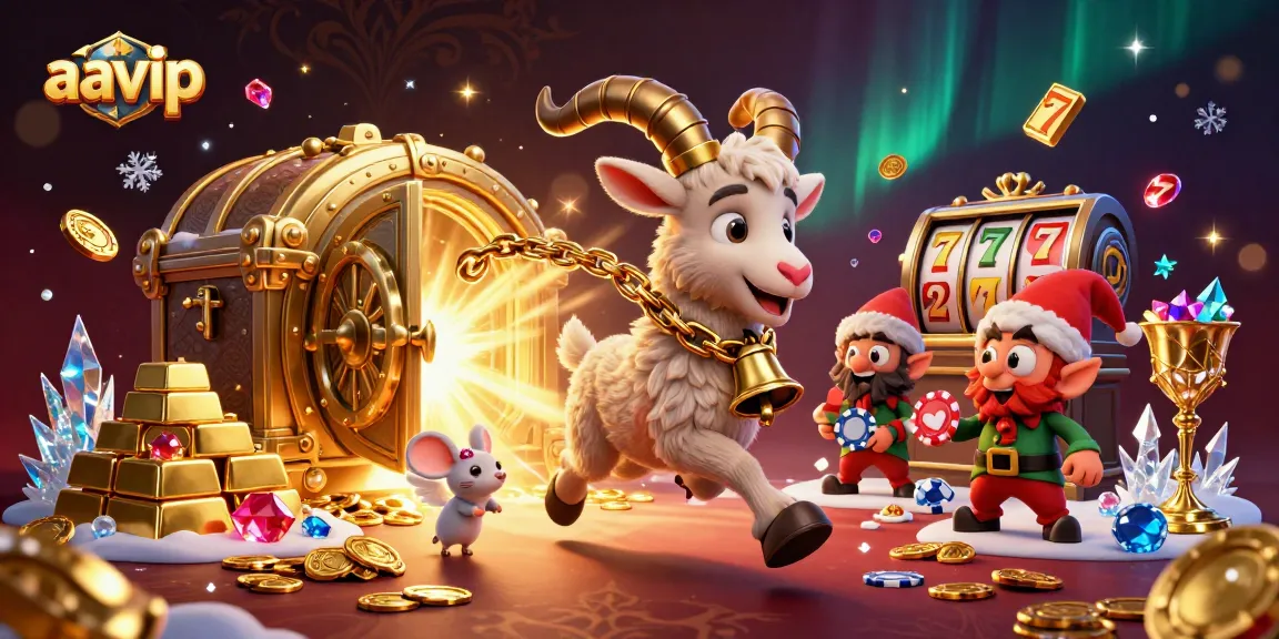 AAVIP holiday-horror casino scene with Krampus goat, angel mouse, and elf gremlins stealing poker chips, rich with colorful details.