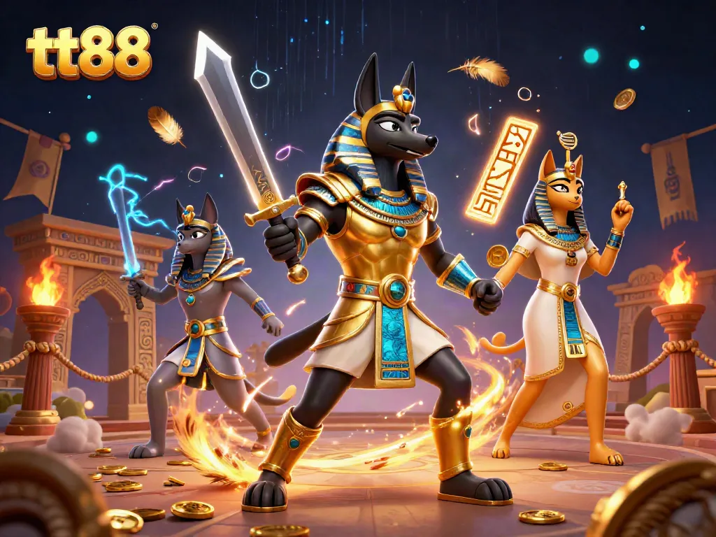 Engage with tt88's vibrant casino experience featuring Anubis and Bastet in a lively setting.