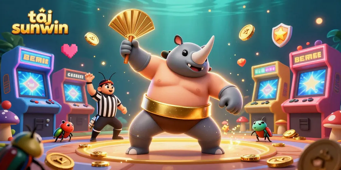 Catch the excitement of tải sunwin with a dynamic illustration of a sumo beetle champion amid flying coins and arcade elements.