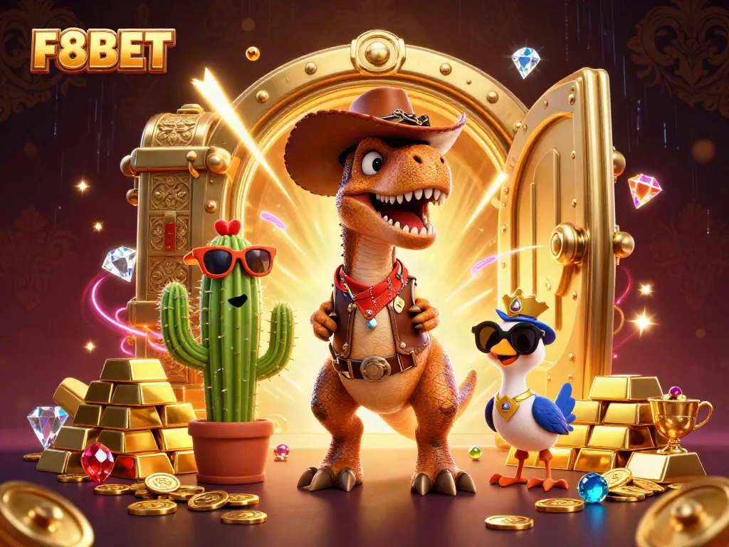 Experience thrilling action at F8BET with a cartoon T-Rex cowboy, cactus, and roadrunner in a vibrant casino setting.