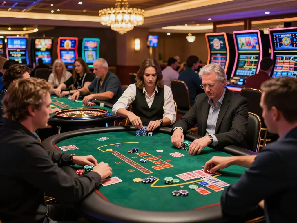Players engaged in games not on gamstop in a lively casino atmosphere.