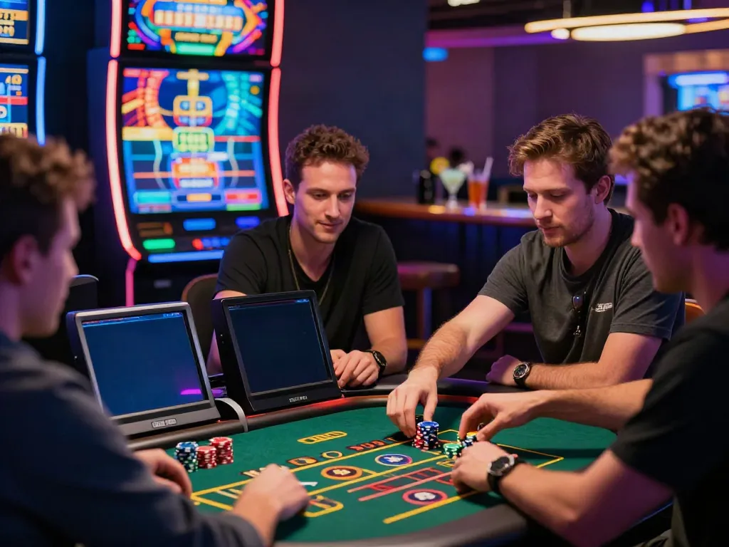 Exciting online casino scene with players enjoying games not on GamStop at a vibrant gaming table.