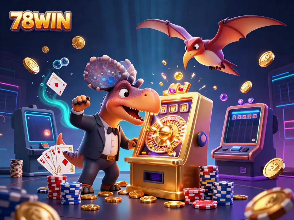 Experience the thrill of 78WIN with a jubilant pachycephalosaurus winning jackpot coins in a colorful casino scene.