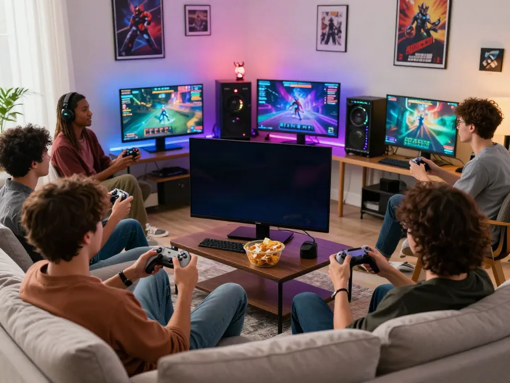Friends enjoying games not on gamstop in a lively living room setting.