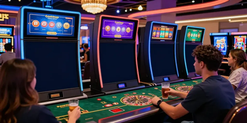 Players enjoying games not on GamStop in a vibrant online casino setting.