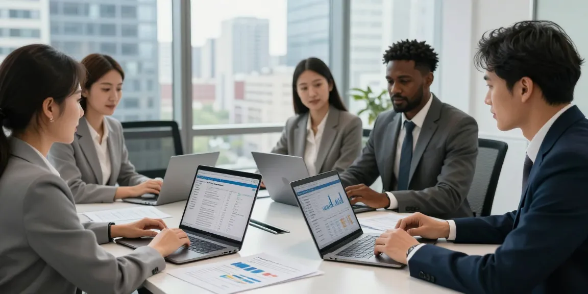 Consultation on merchant cash advance rates with a diverse team in a modern office setting, analyzing financial charts.