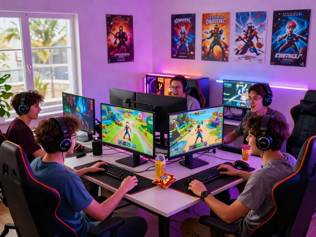 Friends enjoying games not on Gamstop in a vibrant gaming setup with modern equipment.