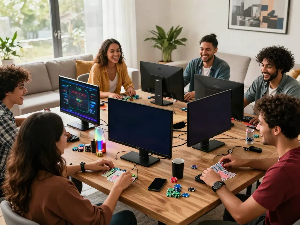 Group enjoying games not on GamStop in a vibrant gaming scene