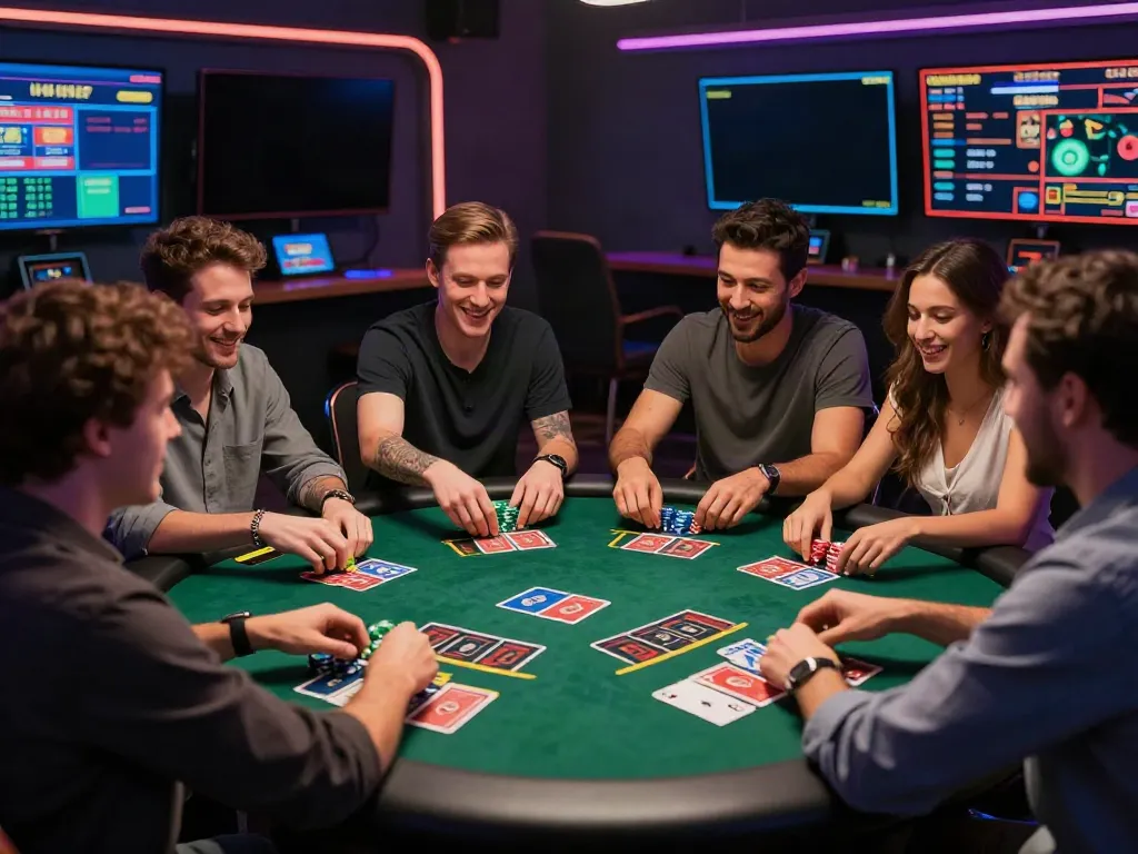 Group enjoying games not on gamstop at lively online casino table