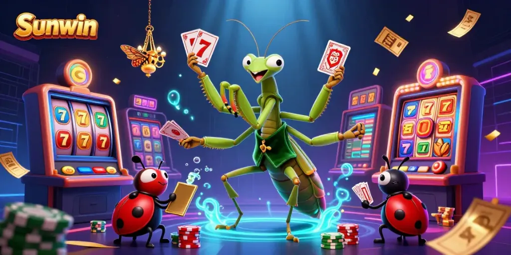 Engage with the vibrant atmosphere of Sunwin's casino featuring a clever mantis and ladybug, amid swirling slot symbols and confetti.