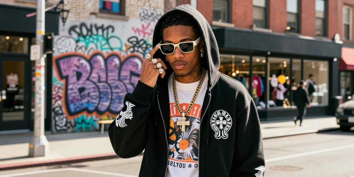Stylish individual showcasing Chrome Hearts fashion in an urban street setting, blending streetwear aesthetics with luxury.