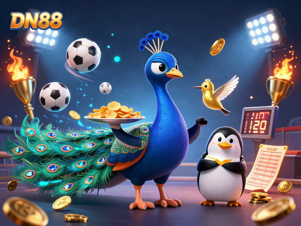 Play your favorite games with DN88, featuring vibrant casino elements and animated characters in a dazzling scene.