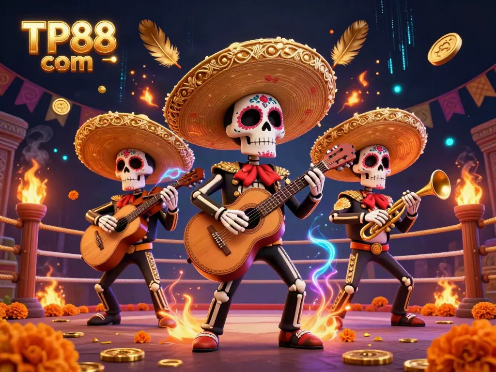 Experience the excitement of gaming at TP88 com with vibrant 3D mariachi skeletons and engaging game elements.