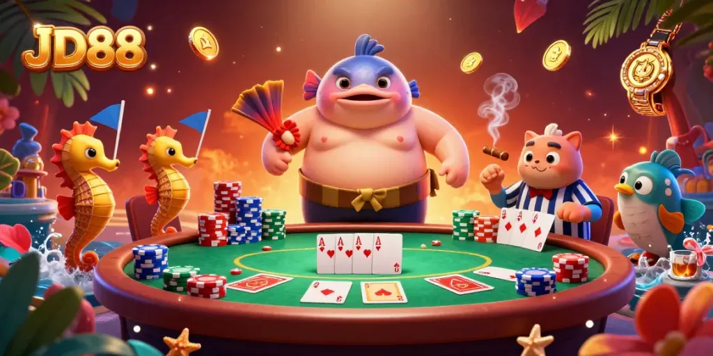 Engage in thrilling gameplay at JD88, the vibrant underwater casino with a cartoon fugu, vibrant poker tables, and seahorse fans.