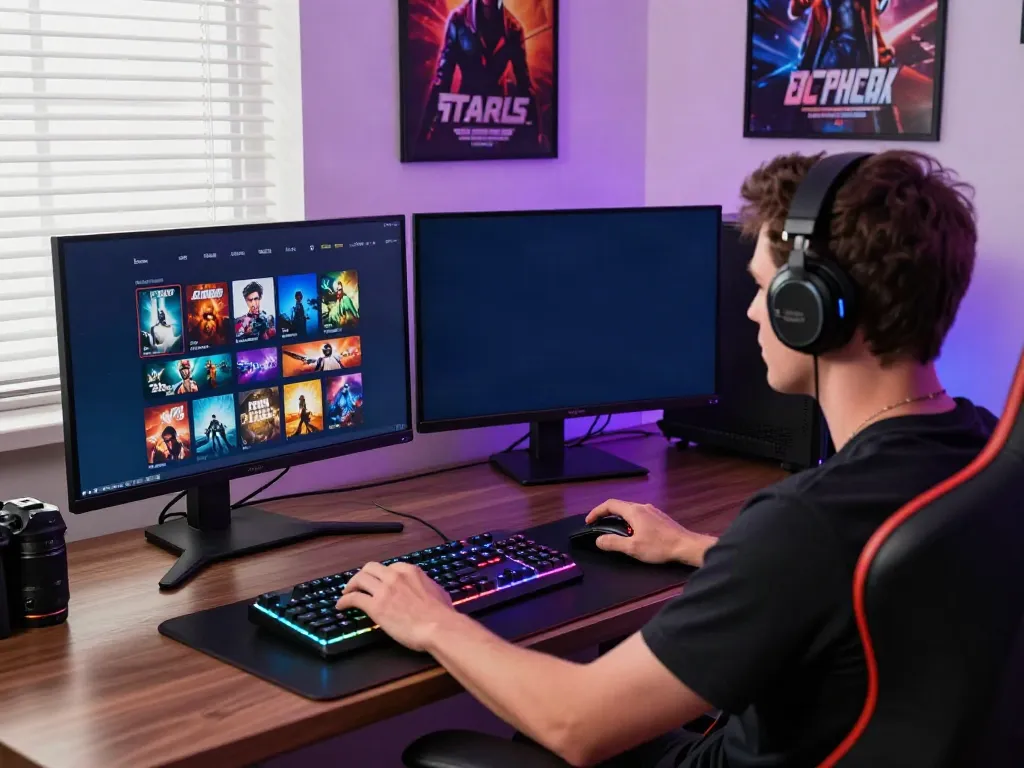Person enjoying games not on gamstop at a stylish gaming desk with vibrant LED lighting.