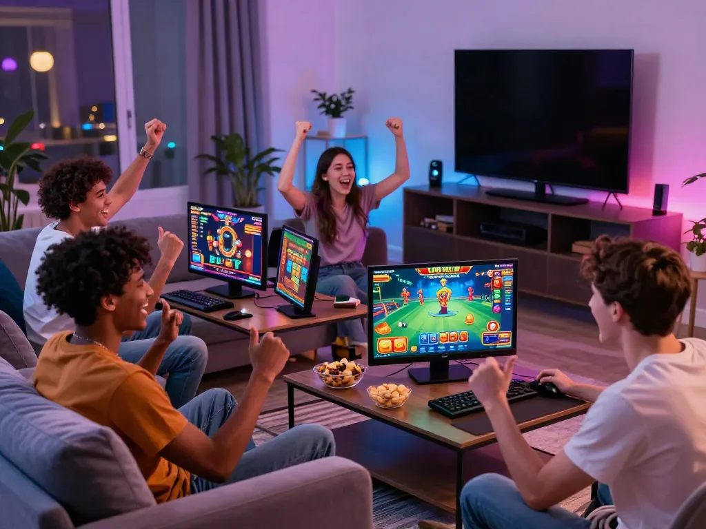 Friends enjoying games not on gamstop in a modern living room, showcasing online casino excitement.