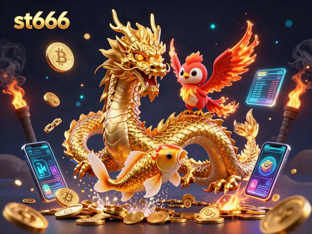 Experience exciting gameplay with st666 as the golden dragon, phoenix, and koi fish leap through a digital world of crypto and gambling.