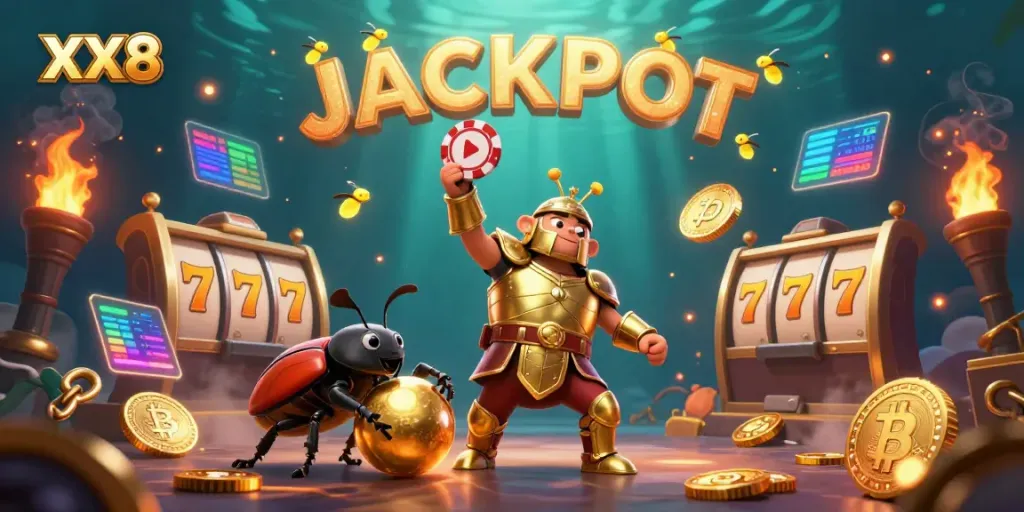 Engage in thrilling gameplay with the XX8 jackpot scene featuring cartoon beetles and vibrant slot elements.