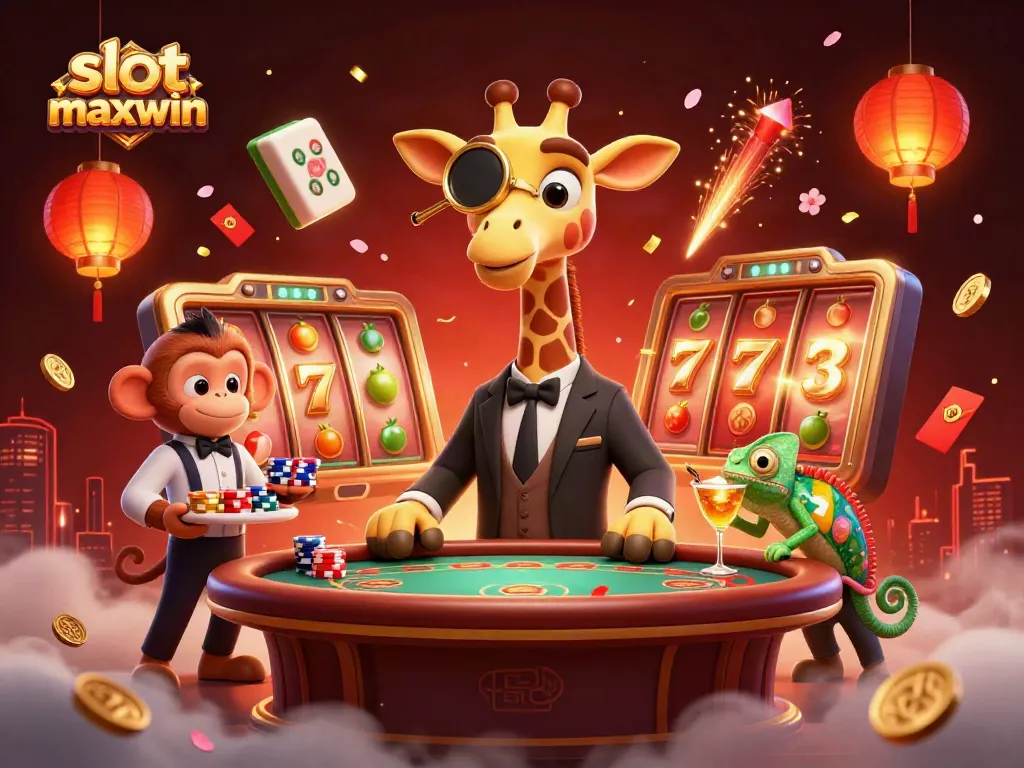 Experience thrilling moments with slot maxwin in a vibrant casino scene featuring a high-roller giraffe and dynamic game elements.