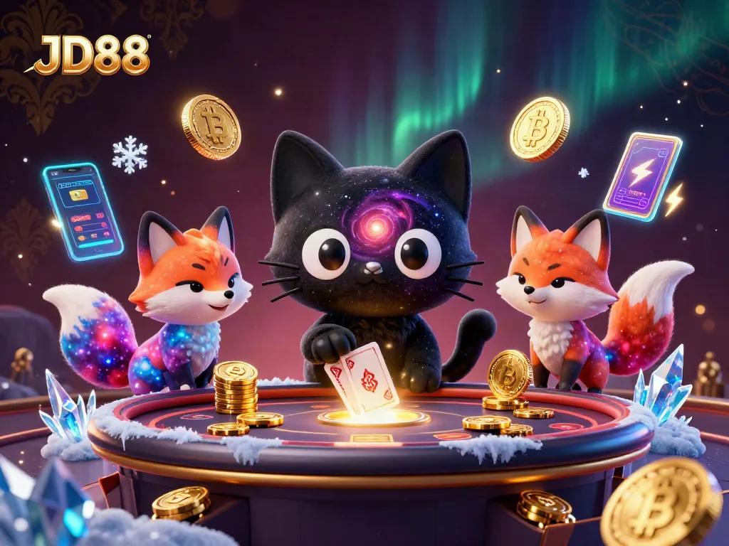 Engage with JD88 at the cosmic casino, where a black hole cat draws in golden chips and cards.